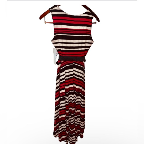 SIGNATURE BELTED STRIPED DRESS SCOOP NECK WOMENS CASUAL SLEEVELESS SIZE PLARGE - Picture 4 of 16